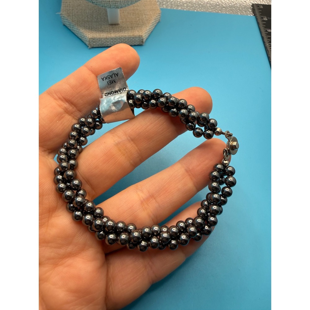 MEI Alaska Black‎ Diamond Hematite Bead Bracelet Triple Strand Twisted Gunmetal